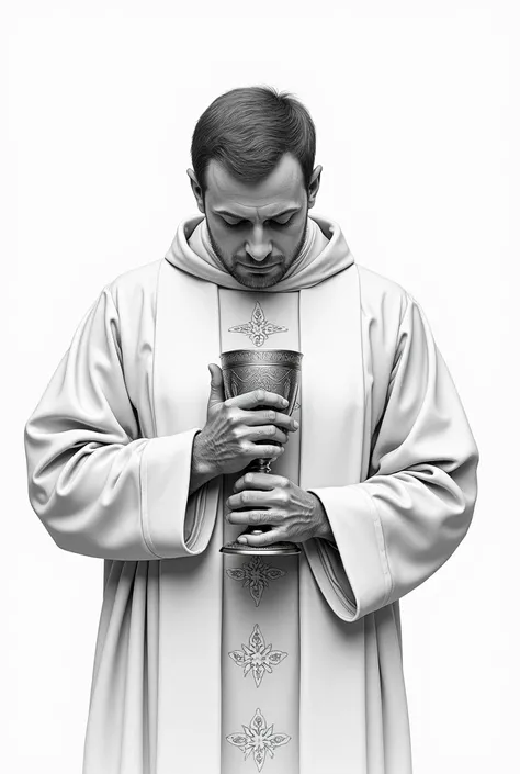 Pencil drawing of a Catholic priest embracing a chalice, With one hand he caresses the cup and with the other he holds the base resting it on his chest