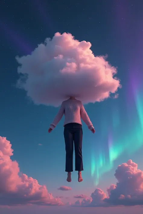 Create a surreal, modern composition inspired by the dreamlike qualities of Salvador Dalí, Brooke Shaden, and the contemporary visual style of Erik Johansson. a feminine figure is suspended mid-air in a vast, open night sky with colorful auroras. Their bod...