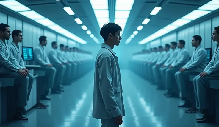 in a room of a futuristic laboratory,  Well Enlightened ,  hyperrealistic, blue lights,  in the background many clones of the same person inside hibernation chambers,  blurred background   