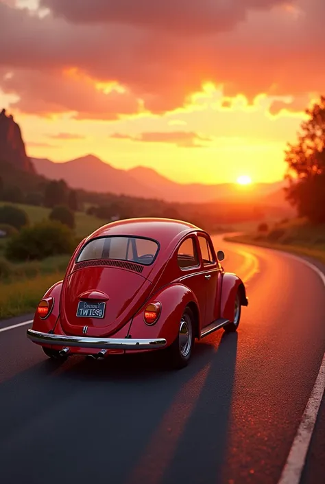 Volkswagen Beetle red car heading into the sunset