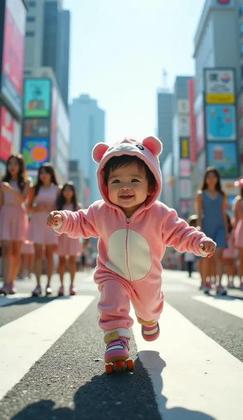  A small 3-month-old Japanese baby is roller skating with a smile　 high definition 、 top quality、 real　 realな写真　8k　 Tokyos scramble crossing　Beautiful women are cheering 　cute animal costume 