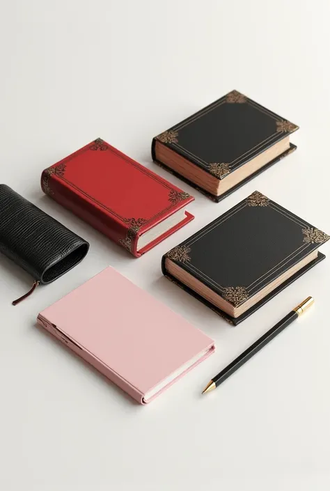  Drawing 

Imagine five books with black and red covers, vintage-style ,  with gold edges and a worn look that gives them character . next to them, the pink and white notebooks .  The black case has a textured finish ,  and the pencil is simple but elegant...