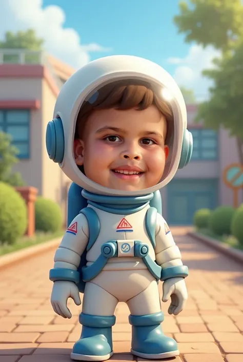  create the illustration of a  ,  aged between 7 and s ,  he has small, almond-shaped eyes ,  Round cheeks , he has no hair,  has a spontaneous smile of joy ,  the boy is wearing a white astronaut suit, with blue seats , he is standing,  in the background ...