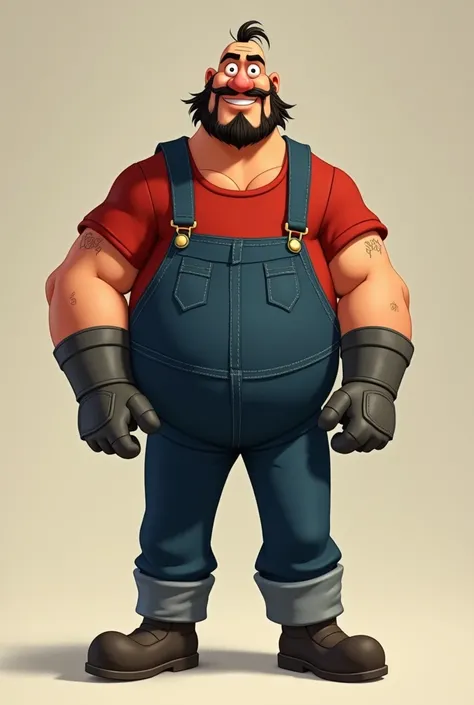 a tall, thin, muscular bald man with hair on the sides of his head, sideburns, and a beard wearing dark blue mens overalls, a red shirt underneath, gray boots, and gray gauntlets in disney style 