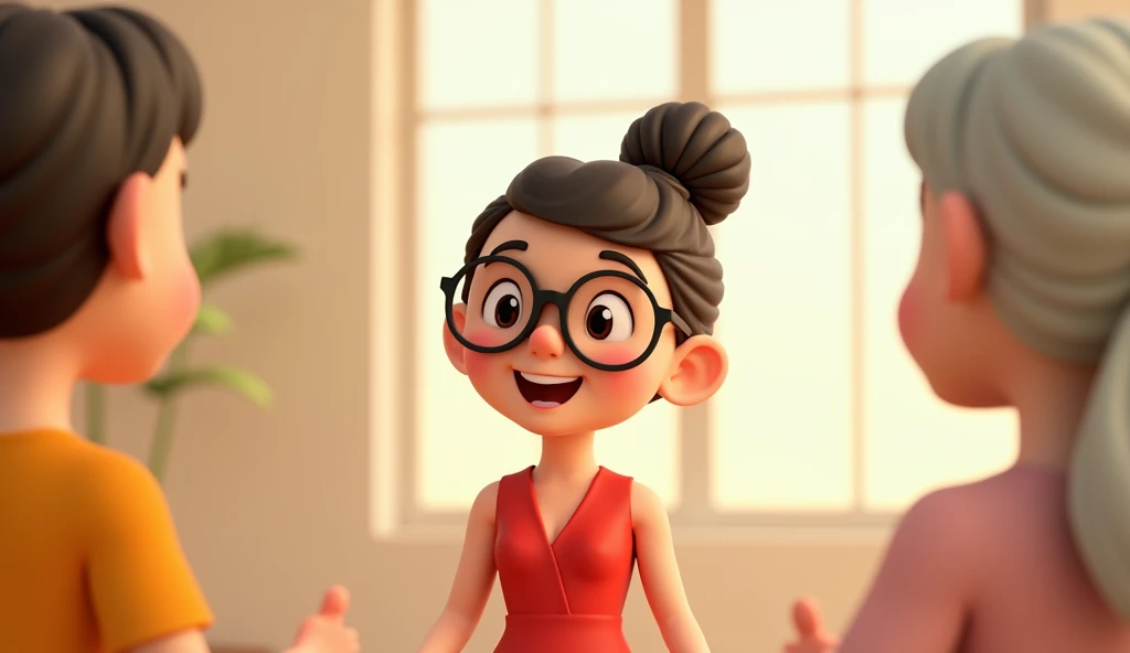  a middle-aged woman in a bun, wear glasses, wearing red dress standing talking , 3d chibi animation style