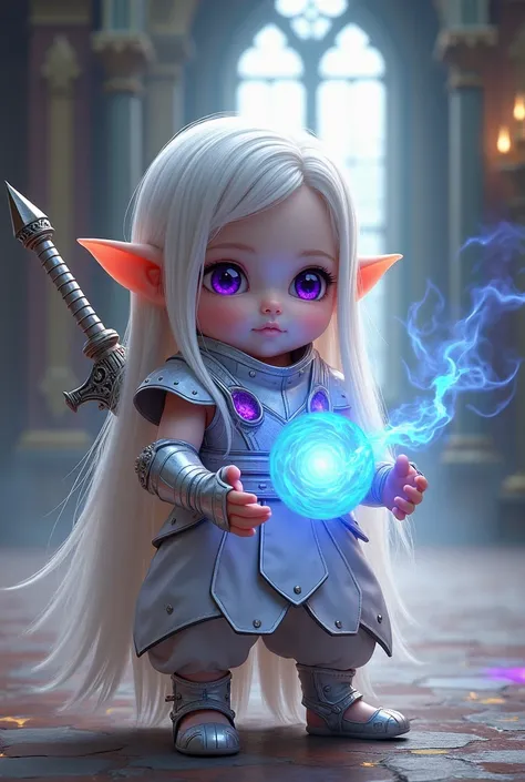 Create final fantasy style a beautiful cute baby with long straight white hair with a white pacifier with purple eyes wearing a white metallic vest with purple details with a white demonic sword on her back with white gauntlet in her hands with a pulsating...