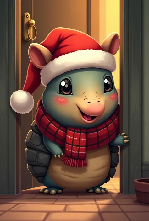 Quirquincho with Christmas cap and Christmas scarf cartoon version partially peeking out a door