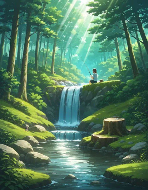 colorful, fishing, forest, nature, outdoors, river, rock, scenery, sitting, stream, water, sunlight, light rays, tree stump, waterfall, moss, bush, grass, masterpiece, best quality, newest, very awa