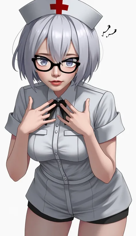 一个女子双Hands on chest，Bend slightly，Holding glasses with one hand ， has a slightly angry expression。Woman in costume ，Hands on chest，Holding glasses with one hand ，Short shorts，Nurse hat， silver white hair ， wearing black glasses，