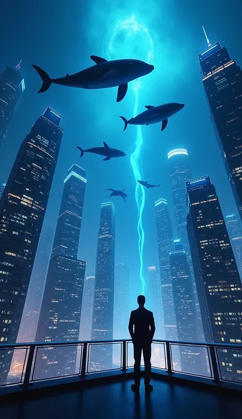 A futuristic cityscape at night with skyscrapers illuminated by blue and white lights. Above the buildings, various species of whales swim in the air as if the sky were an ocean. The perspective is from a balcony or platform, creating a dreamlike and seren...