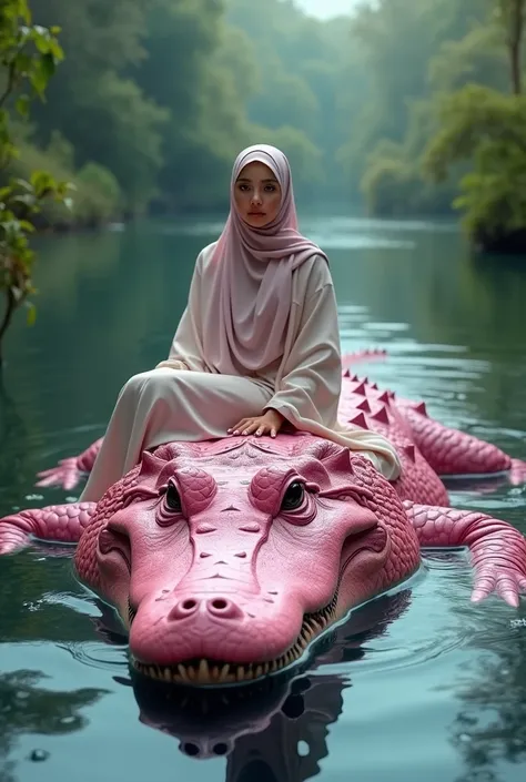 Realistic full HD . A beautiful Muslim woman in hijab ,  sits on the back of a giant pink crocodile swimming in a river