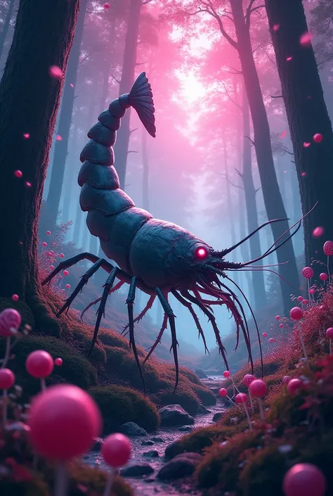 Create a movie poster about killer shrimp in an enchanted forest where everything is sweet 