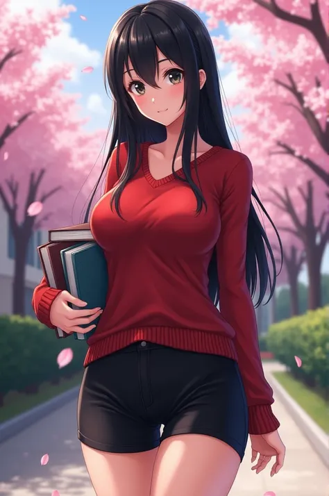 anime female, long straight hair, black bangs, black hair, holding books, black biker shorts walking, school background, cherry blossom trees red sweater, curvy body, big breast, black eyes