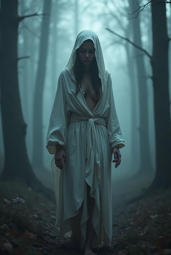 ((masterpiece, highest quality, Highest image quality, High resolution, photorealistic, Raw photo, Extremely detailed CG unified 8k wallpaper)), Dramatic Light, Volumetric Light, Mummy, Deep in a foggy forest, the ghost of a young woman wanders about, her ...