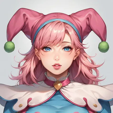 blowing a kiss, headshot, face close up, puckered lips, (masterpiece, best quality:1.2), 1girl, solo, pink lipstick, long pink hair, waist length hair, hair down to waist, blue eyes, pink gloves, puffy sleeves, curvy, pink jester cap, bangs, expressive eye...