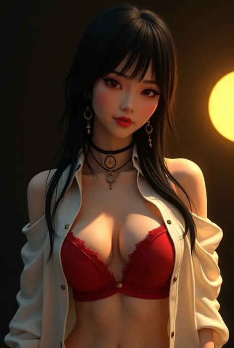  Masterpiece,  Best Quality , 3d rendering work, 3dmm style, limelight, 3D, 1 oriental girl  ,alone,  black hair,  teardrop earrings ,  realistic ,  upper body,  black background with yellow light on the right, fringe,  black hair corto desaliñado , Parted...