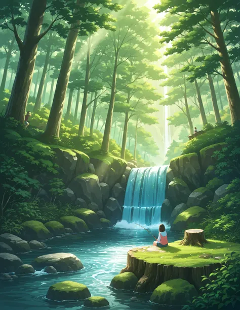 colorful, fishing, forest, nature, outdoors, river, rock, scenery, sitting, stream, water, sunlight, light rays, tree stump, waterfall, moss, bush, grass, masterpiece, best quality, newest, very awa