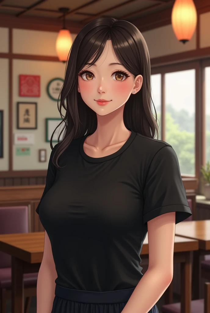 Very beautiful japaneese woman, Long hair, lightbrown eyes, cute smile, Bust Big, natural beautiful, waitress clothes, black t-shirts, inside a restaurant, realisitic