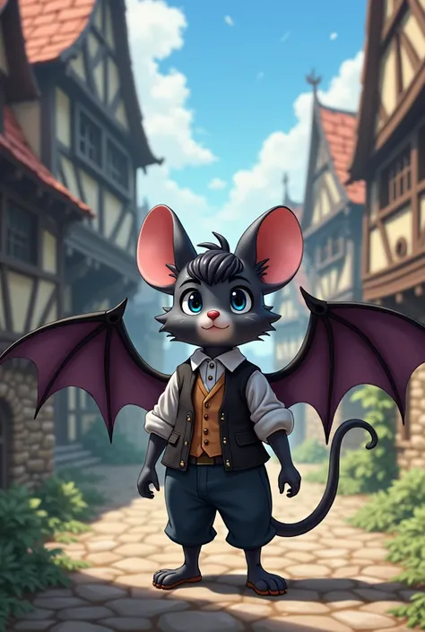 anime style, masterpiece, best quality, high quality, ultra-detailed, 1man, furry male, little man, mouse furry, black hair, blue eyes,  bat wings, glasses, shirt, vest, pants, medieval town,