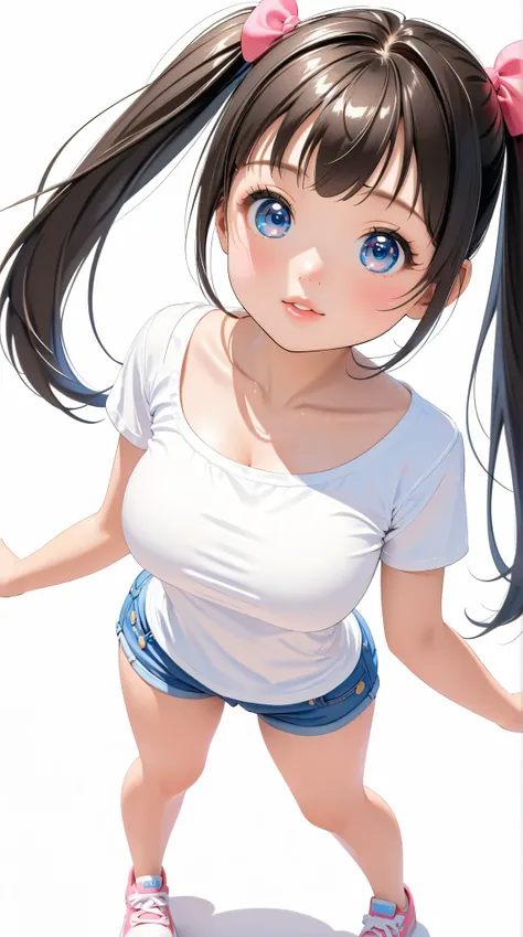 cute girl . Very kawaii , round face . alone , Slim , huge breasts , short and small . shiny skin . Pure white tube top T-shirt . shorts . dynamic poses . dynamic angle . No background , White background , looking at the audience