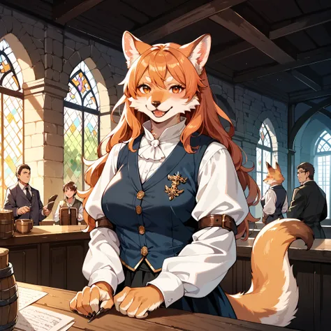 score_9, score_8_up, score_7_up, score_6_up, score_5_up, score_4_up, hires, masterpiece, Medieval, Adventurers Guild reception, 1girl, kemono, guild_receptionist, looking_at_viewer, animal_ears, animal_tail, furry_female, professional_attire, business_smil...