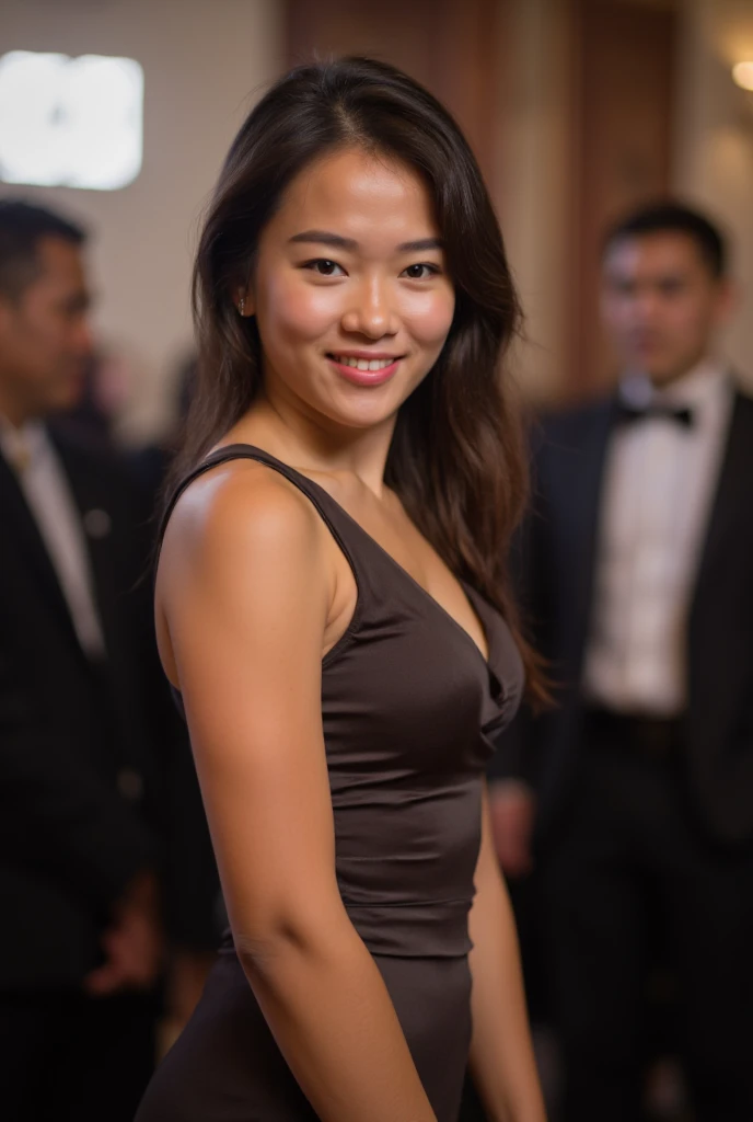 beautiful athletic twenty year old thai woman wearing sleeveless dress at formal event. smiling, thick upper arms. photograph. 