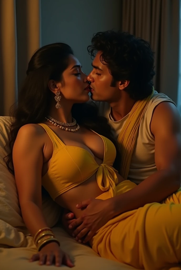 photo of Voluptuous Mature Indian Aunty, Dusky skin and Wet body, Wearing Yellow Kurti and Stole Tied around her Neck, long sexy legs and thick thighs exposed, Wearing Bangles in Hand, Large U Cut Cleavage exposed, Lying on Bed and Kissing a Young Man sens...