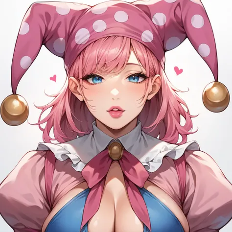 blowing a kiss, face close pov, puckered lips, (masterpiece, best quality:1.2), 1girl, solo, pink lipstick, long pink hair, waist length hair, hair down to waist, blue eyes, pink gloves, puffy sleeves, curvy, pink jester cap, bangs, expressive eyes, perfec...