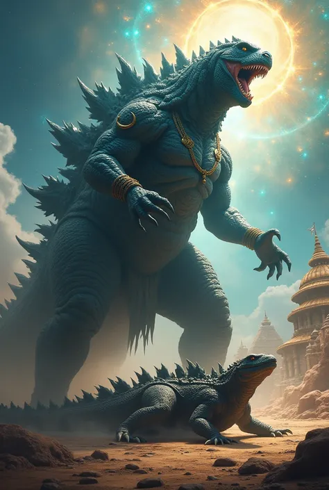 Godzilla Mahadev ke pairon mein gira hua. Mahadev versus Godzilla