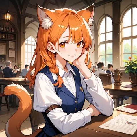 score_9, score_8_up, score_7_up, score_6_up, score_5_up, score_4_up, hires, masterpiece, Medieval, Adventurers Guild reception, 1girl, kemono, guild_receptionist, looking_at_viewer, animal_ears, animal_tail, furry_female, professional_attire, business_smil...