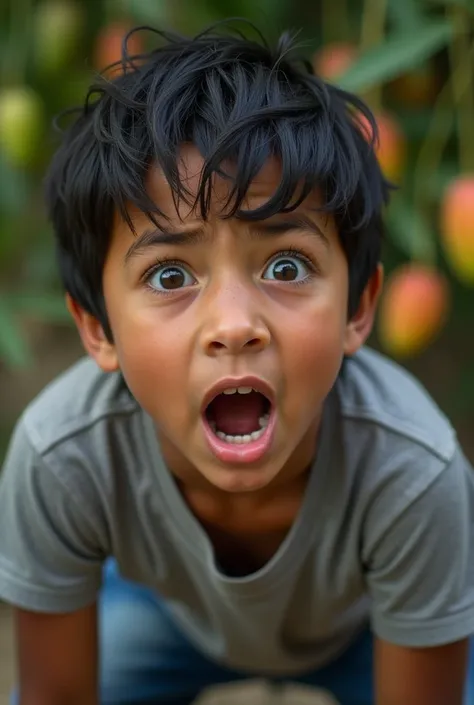 Real close-up photo of the face of a ten-year-old Venezuelan boy from the state of Guarico, white-skinned, black hair wearing denim shorts and gray t-shirt, looking down surprised out of breath with a frightened face about to fall on top of a mango tree 