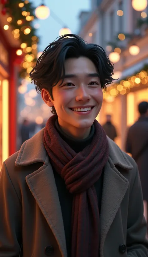 (photorealism:1.2), very Handsome japanese man, 22-27 year-old, winter outfits, shopping in the shopping mall or street in Europe, Christmas decorations, happy