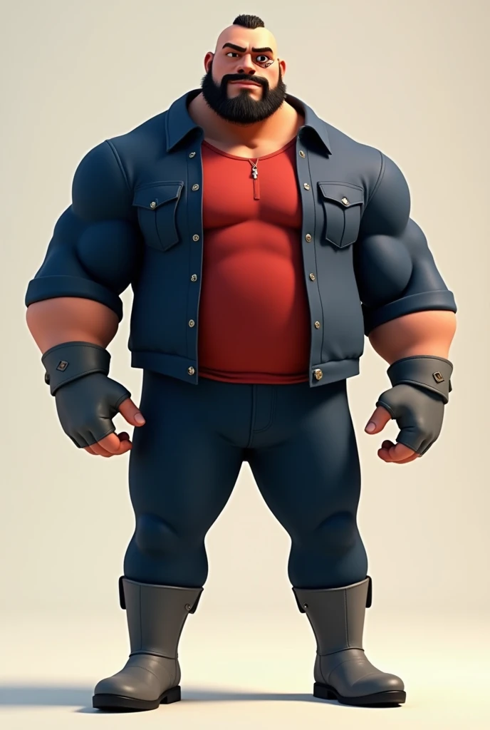 a tall, thin and muscular man, bald, with hair on the sides of his head, sideburns and a beard, wearing dark blue long sleeve shirt, a red shirt underneath, dark blue pants, gray boots, gray gauntlets and a mark on his right eye in pixar style 