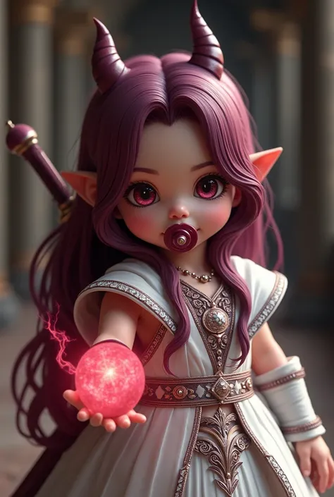 Create final fantasy style a beautiful cute baby with long smooth burgundy hair with a burgundy pacifier with burgundy eyes wearing a white metallic vest with burgundy details with a demonic burgundy sword on her back with a white gauntlet in her hands wit...