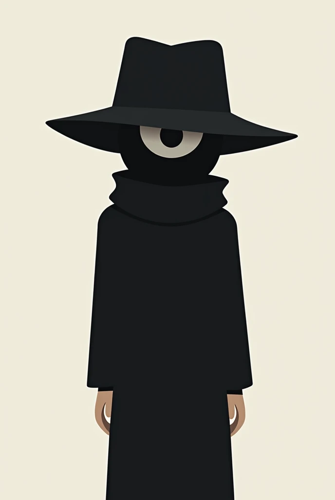 Recreate an animated-style image of
a mystery character in black clothes
black hat, light skin tone and without
Face with a black and simple eye 