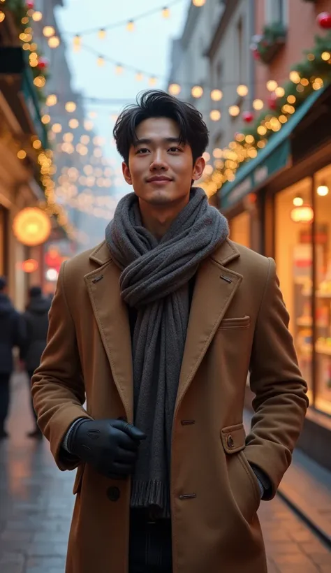 (photorealism:1.2), very Handsome japanese man, 22-27 year-old, winter outfits, shopping in the shopping mall or street in Europe, Christmas decorations, happy