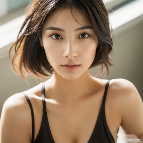 A hyper-realistic image of a single Japanese woman in her early 20s, captured with modern, ultra-high-definition clarity. Her skin has a warm beige tone with a natural, slightly rough texture that includes visible pores, fine lines, and subtle imperfection...