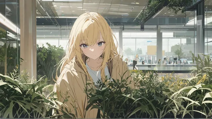 1 woman, blonde hair, hiding at plants, airport as background