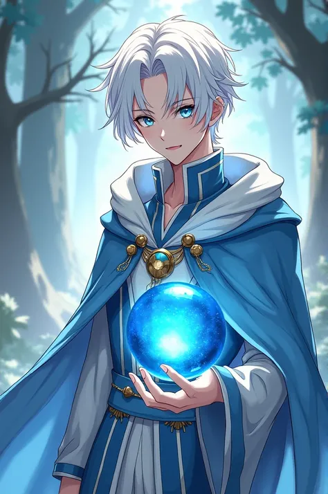 Male Character
Manga/Manhwa design
White Hair
Blue Eyes
Wizard Clothes
He is a water wizard
Carries a Blue Floating Orb 
Gentle and Delicate 
Hes a man, but he looks like a "girl"