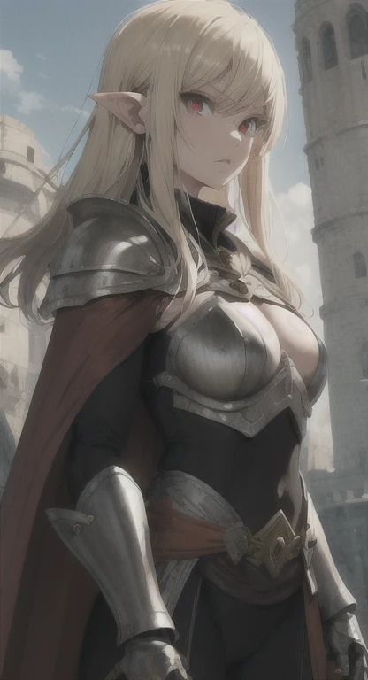 Ancient Hylia, Hylia, blonde, red eyes, looking at viewer, stern, long messy hair, tower, ancient armor, cape, threatening pose,