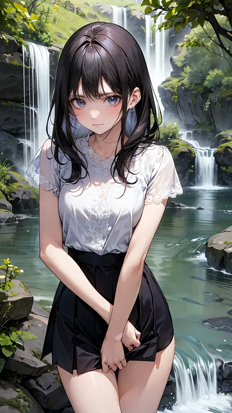  girl in a mini skirt 、 Looking up at a waterfall in a deep mountain valley 、    lace panties、 open legs、 the girl is looking down at me、She puts her arm around her waist and looks angry 、 panties in full view