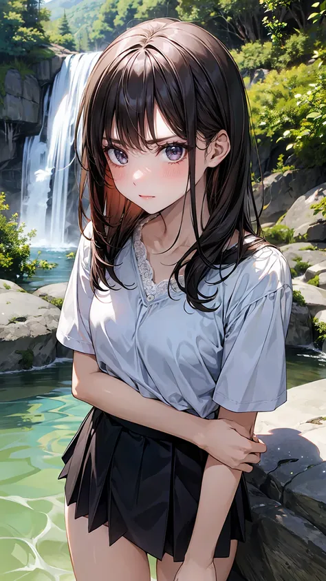  girl in a mini skirt 、 Looking up at a waterfall in a deep mountain valley 、    lace panties、 open legs、 the girl is looking down at me、She puts her arm around her waist and looks angry 、 panties in full view