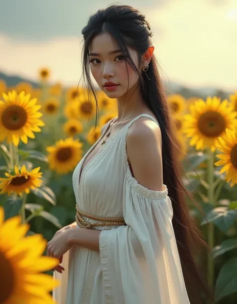 GODDESS BLACK HAIR ASIAN ELVE WARRIOR PRINCESS, HUGE LONG BLACK HAIR REACHING FLOOR, LONG BRAID HAIR STYLE, DETAIKED TIP EARS, HIGH CHEEKBONES, ROSY CHEEKS, DETAILED MENTAL FORAMEN, EYES LOOKING TO CAMERA, LOOKING TO VIEWERS, SERIOUS FACE EXPRESSION, ASIAN...