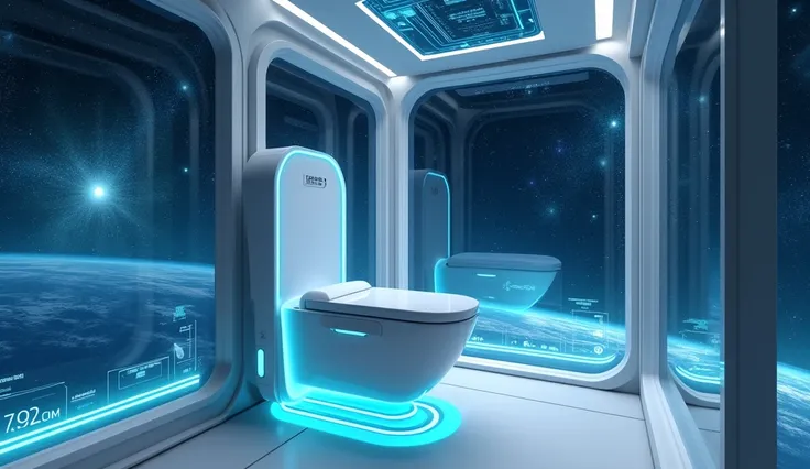 A futuristic bathroom set aboard a sleek, advanced spaceship traveling through deep space. The walls are made of transparent panels that reveal a breathtaking view of distant stars and swirling nebulae. The toilet is designed like a zero-gravity pod, float...