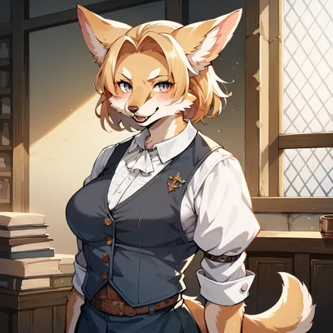 score_9, score_8_up, score_7_up, score_6_up, score_5_up, score_4_up, hires, masterpiece, Medieval, Adventurers Guild reception, 1girl, kemono, guild_receptionist, looking_at_viewer, animal_ears, animal_tail, furry_female, professional_attire, business_smil...