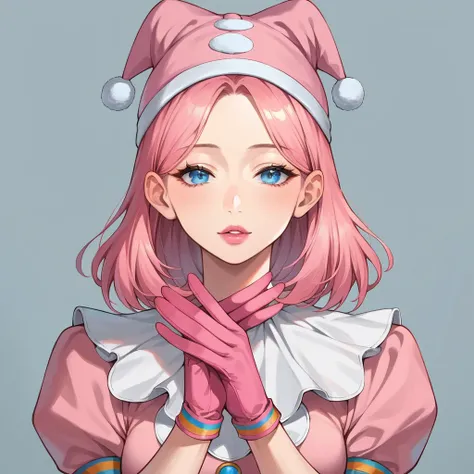 eyes closed, kiss, face close pov, puckered lips, (masterpiece, best quality:1.2), 1girl, solo, pink lipstick, long pink hair, waist length hair, hair down to waist, blue eyes, pink gloves, puffy sleeves, curvy, pink jester cap, bangs, expressive eyes, per...