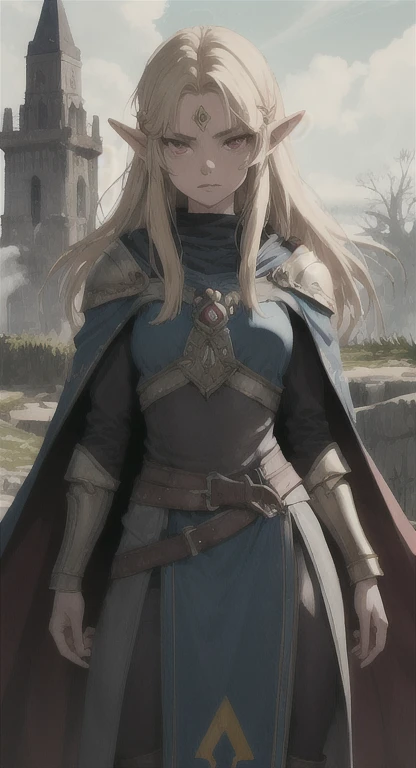 Ancient Hylian, Hylia, blonde, red eyes, looking at viewer, stern, long messy hair, tower, ancient armor, cape, threatening pose,