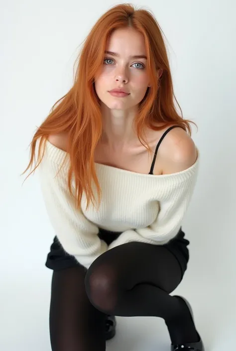 very detailed, extremely realistic, Hyperrealism , super real , (masterpiece, stylish eyes with great attention to detail: 1.2), (cute), 15-year-old girl, off-the-shoulder cropped white sheer mini sweater ,with  black tights , Put your hands behind your ba...