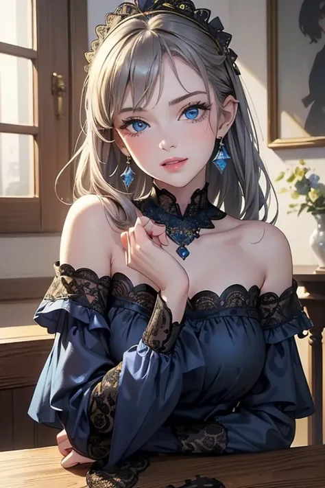 (masterpiece: 1.2,  top quality), ( actual photo ,  intricate details), 1. woman, Alone, Casual upper body,  shoulder-length hair , minimal makeup, Natural materials, , Home, Grey Hair,  blue eyes, Bare shoulders、 smiling while showing teeth 、((Black lace ...