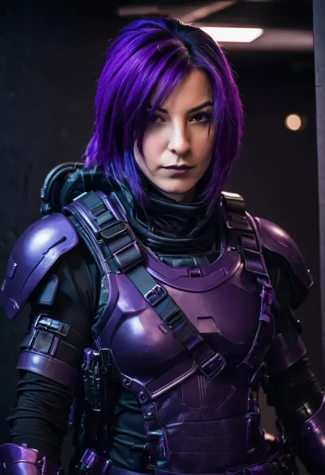 a close up woman with purple hair, in a dark space mercenary outfit, wearing dark purple armor, starfinder character, female video game character, dressed in stealth armor, gothic ninja character, RPG character avatar, female assassin, dressed in tactical ...